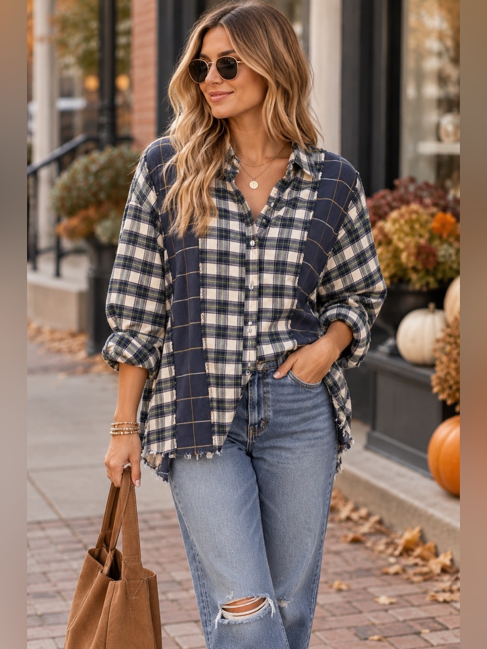 BDG Patchwork Plaid Button Down Shirt Navy Green Raw Hem Boho | Size Small EUC